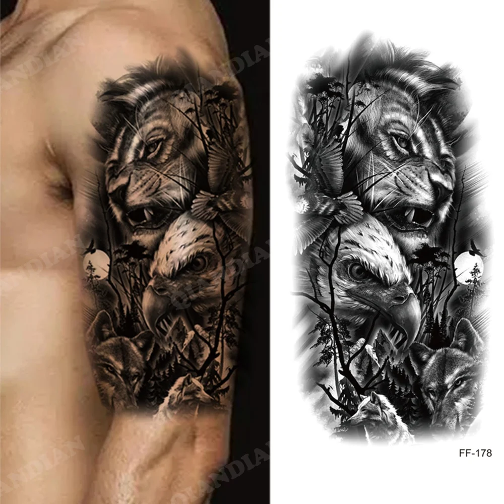 Sdrawing Waterproof Temporary Tattoo Sticker Wolf Lion King Sun Forest Tiger Mechanical Wild Boat Men Body Art Arm Fake Tatoo Women