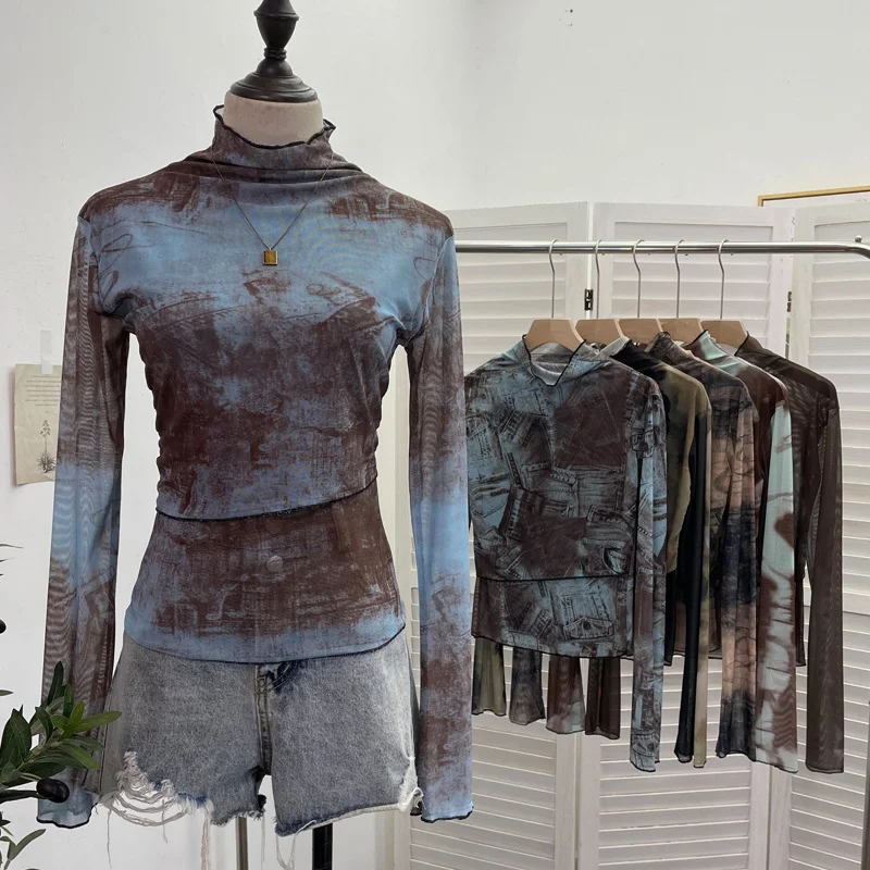 Nigikala Nigikala Shooting Denim Pattern Dye Printing Retro Babes Thin Mesh T-Shirt High-Necked Long Sleeve Bottom Shirt Top 9950