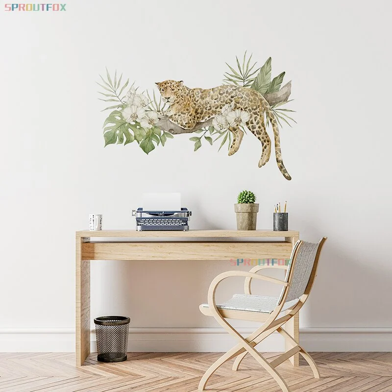 Cartoon Animal Leopard Wall Stickers for Baby Kids Room Nursery Mural Decals Forest Animals Plants Home Decoration