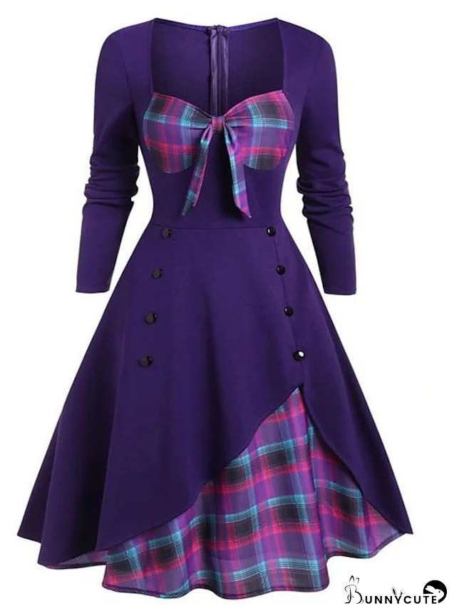Casual Dress Swing Dress Print Dress Mini Dress claret Pink Purple Long Sleeve Plaid Patchwork Winter Fall Autumn Square Neck Fashion Fall Dress S M L XL 2XL for Women