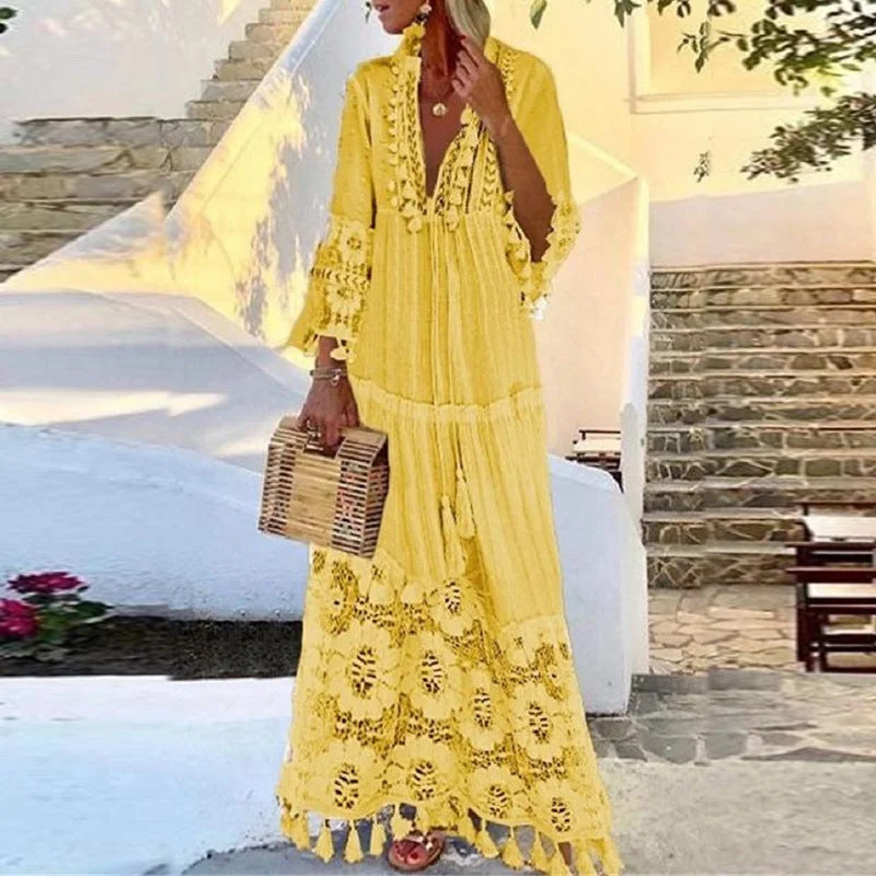 Uveng Bohemian Lace Tassel Stitching Beach Vacation Temperament Long Dresses