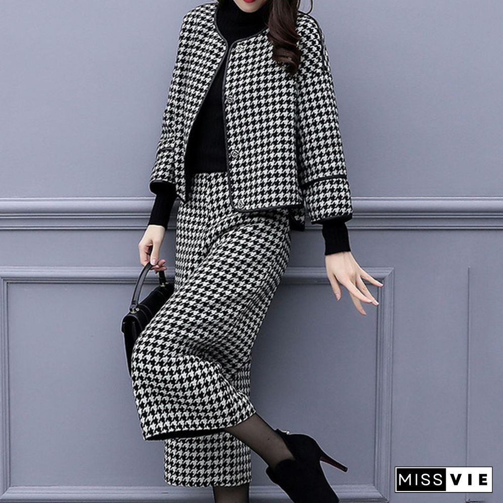 Autumn Winter Two Piece Sets Outfits Women Woolen Coat And Cropped Wide Leg Pants Suits Office Elegant Sets