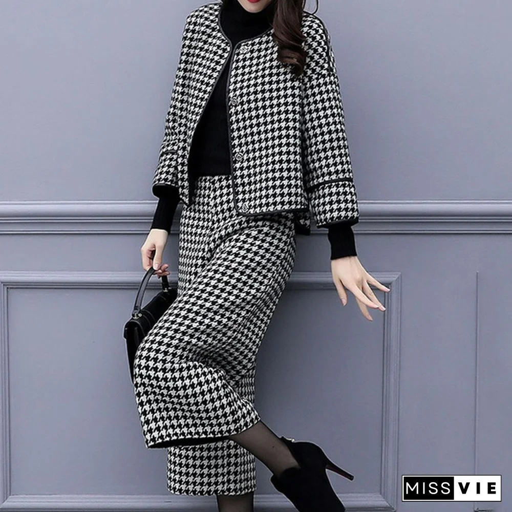 Autumn Winter Two Piece Sets Outfits Women Woolen Coat And Cropped Wide Leg Pants Suits Office Elegant Sets