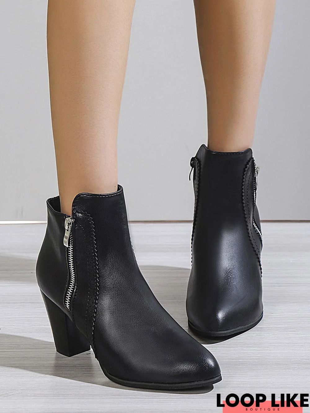 Stylish Patchwork Zip Block Heel Pointed Toe Booties