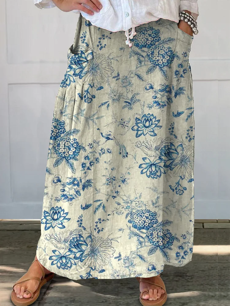 Women's Retro Floral Art Linen Pocket Skirt socialshop