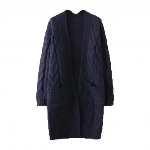 Women Autumn Winter Pockets Cardigan Long Sleeve Twist Knitted Mid-length Coat 2021