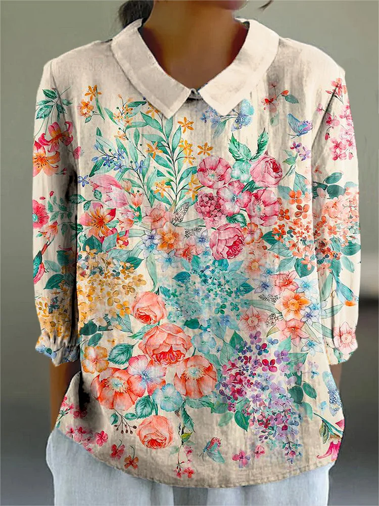 Women's Vintage Floral Art Print Casual Cotton And Linen 3/4 Sleeve Shirt