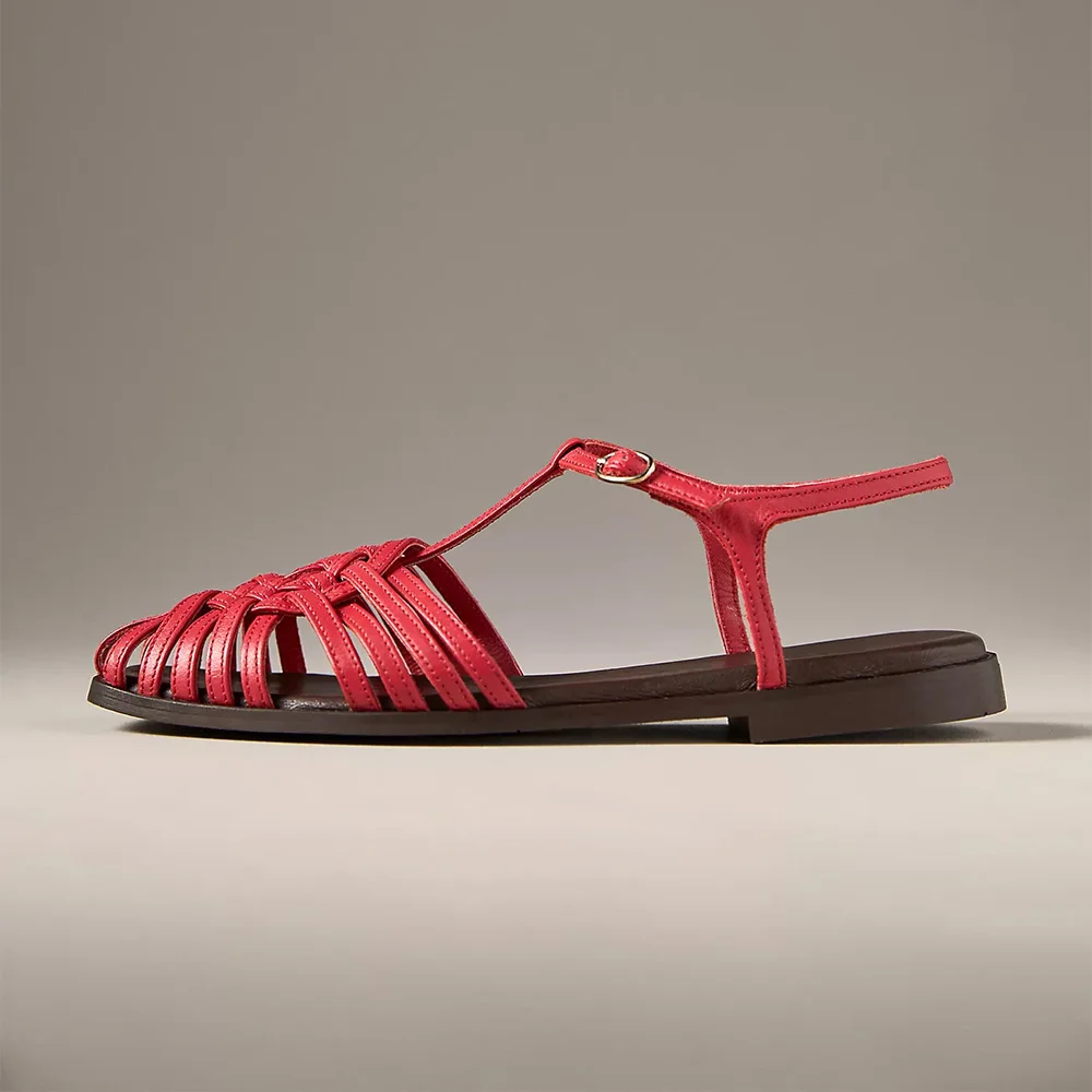 Red Vegan Leather Square Toe Strappy Flat Sandals for Women