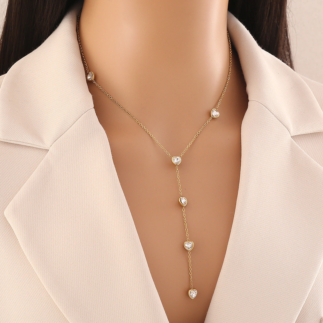 Glass Heart Stainless Steel Necklace Fashion Y Shape Necklace Versatile Clavicle Chain N1522