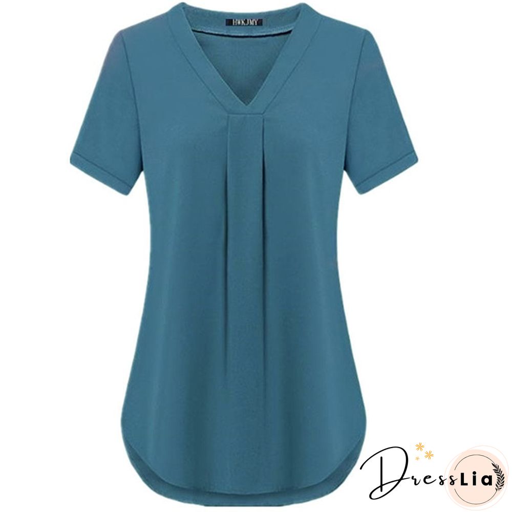 Women's Fashion Summer Sexy V-neck Short Sleeve Shirt Solid Color Loose Pleated Chiffon T-shirt Tops Blouse Plus Size S-6XL