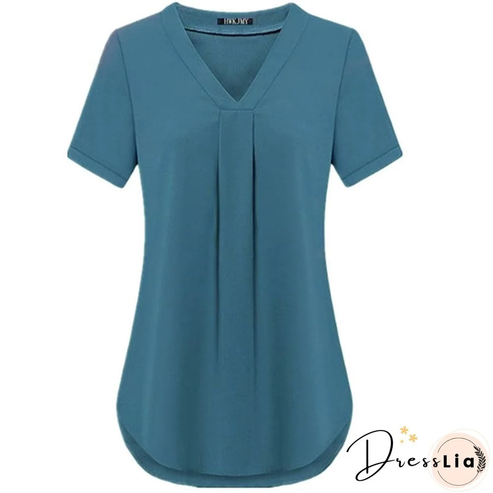 Women's Fashion Summer Sexy V-neck Short Sleeve Shirt Solid Color Loose Pleated Chiffon T-shirt Tops Blouse Plus Size S-6XL
