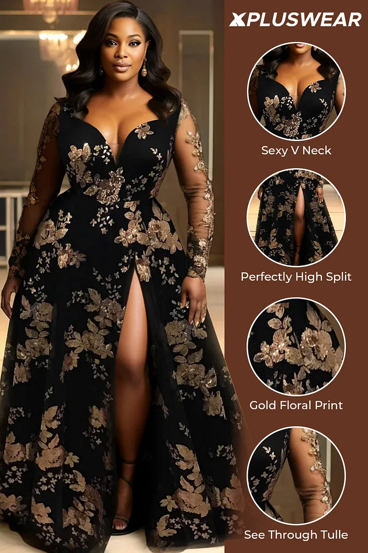 Xpluswear Design Plus Size Formal Black Elegant V Neck Long Sleeve Split See Through Tulle Maxi Dresses [Pre-Order]