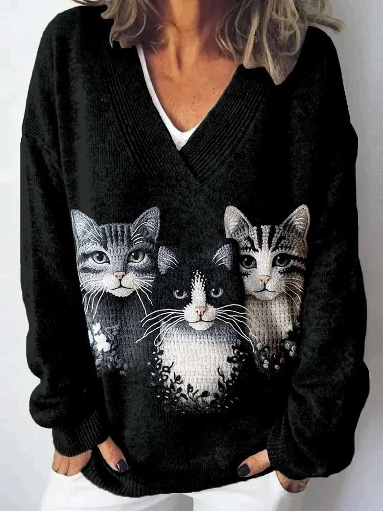Lovely Cats Pattern V Neck Cozy Knit Sweater