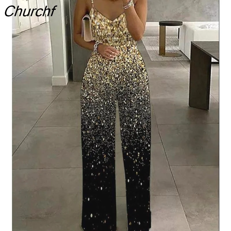 Churchf Long Women's Overalls Plants Print Asymmetrical Neck Wide Leg Jumpsuit High Waist Woman Jumpsuit Sleeveless Rompers New