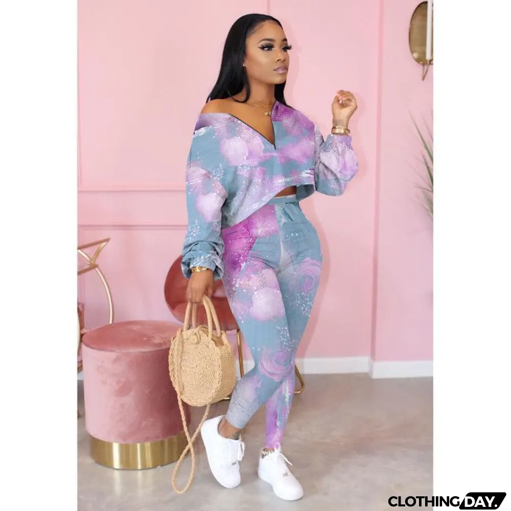 Casual Printed Long Sleeve Two Piece Pants Set