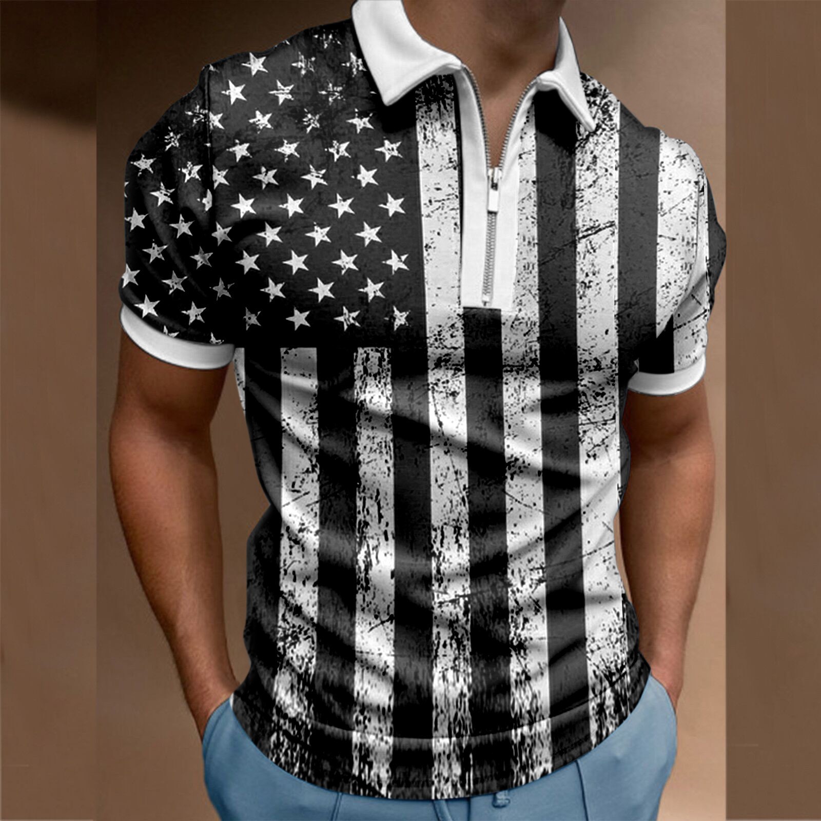 Men's Independence Day printed short sleeved zippered polo shirt PLUSCLOTHESMAN