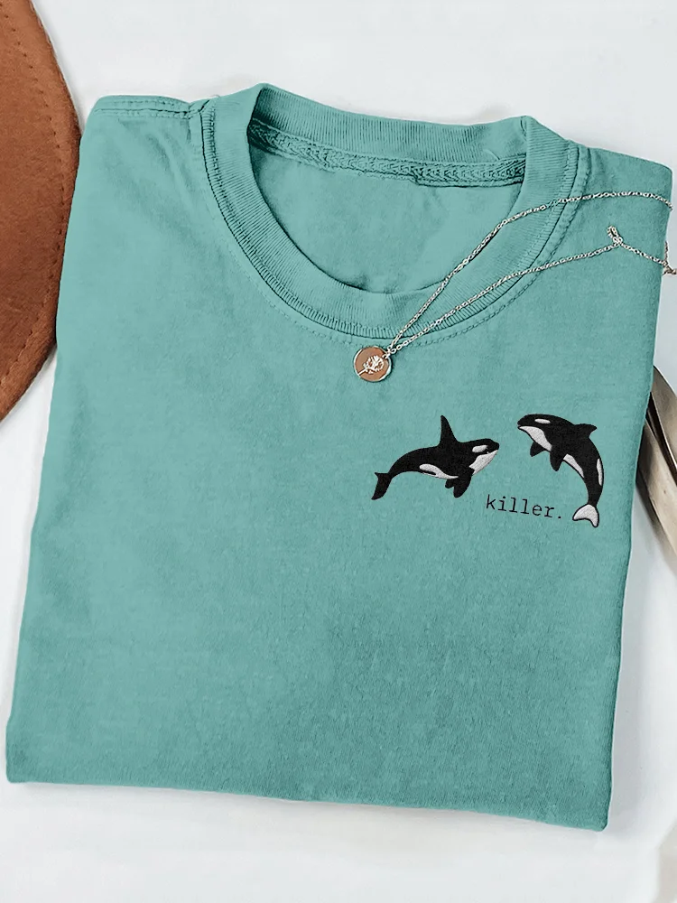 Killer Whale Embroidered Art Crew Neck Cozy T Shirt