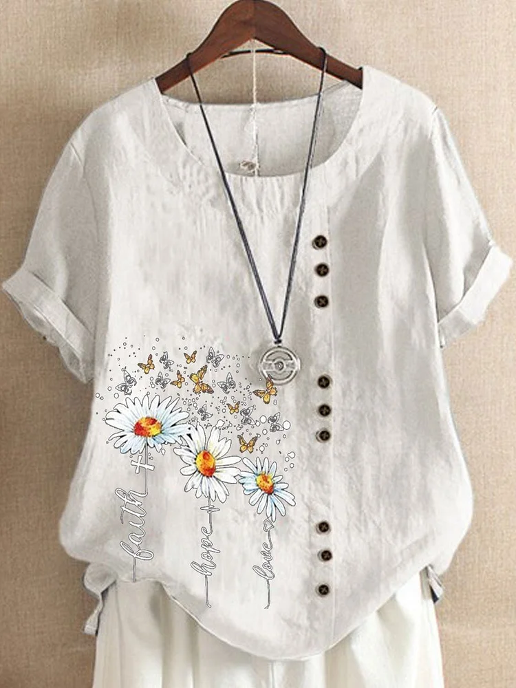 Retro cotton linen daisy flower loose casual shirt short sleeve women