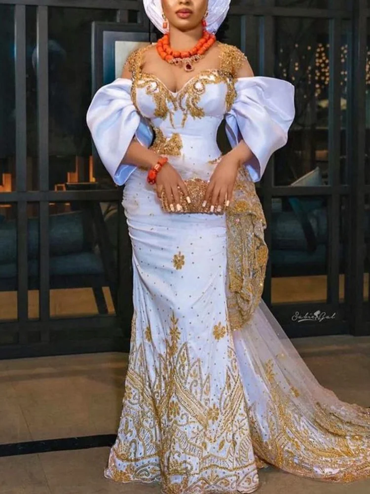 Elegant Off-The-Shoulder Sequined Printing Wrap Wedding  Maxi Dress