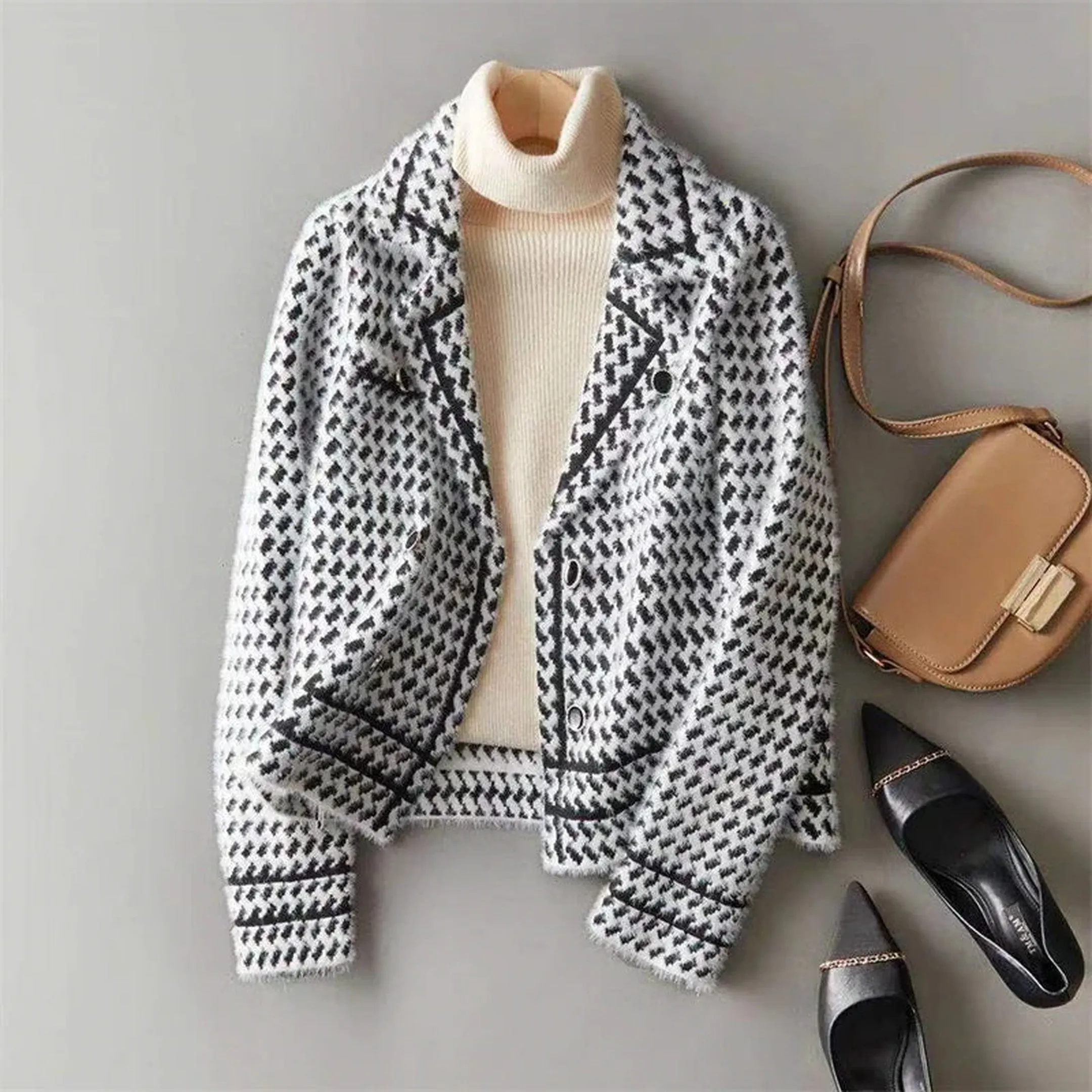 Women's Houndstooth Knit Jacket &ndash; Tailored Blazer-Style Layer