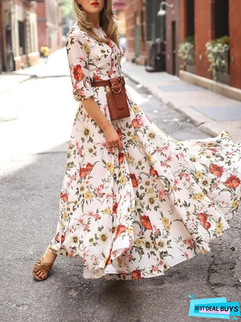 Women's Swing Dress Maxi long Dress - 3/4 Length Sleeve Floral Flower Print Spring Summer Casual Hot Holiday vacation dresses Lantern Sleeve Ruffle White