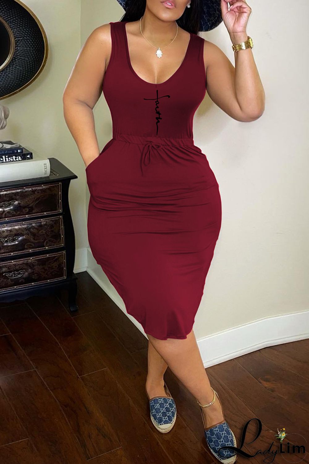 Black Fashion Casual Print Basic U Neck Vest Dress