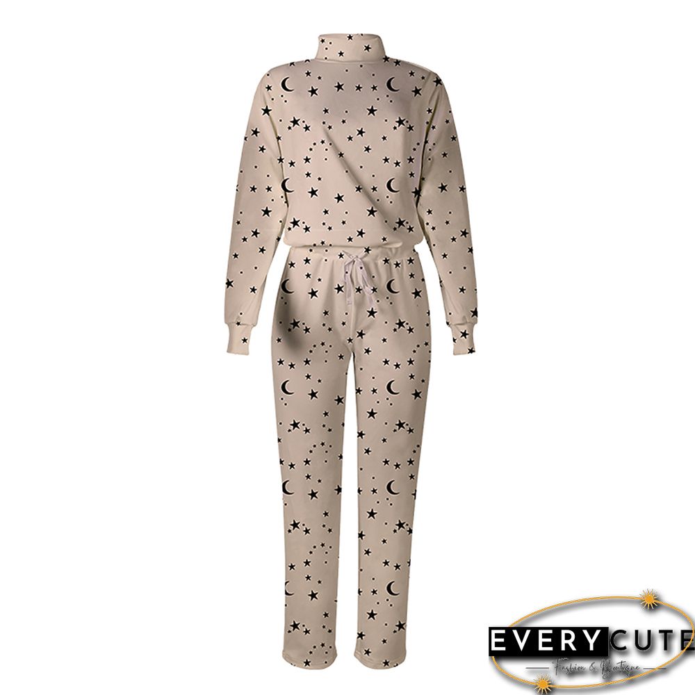 Khaki Stars Print High Collar Long Sleeve Top with Pant Set
