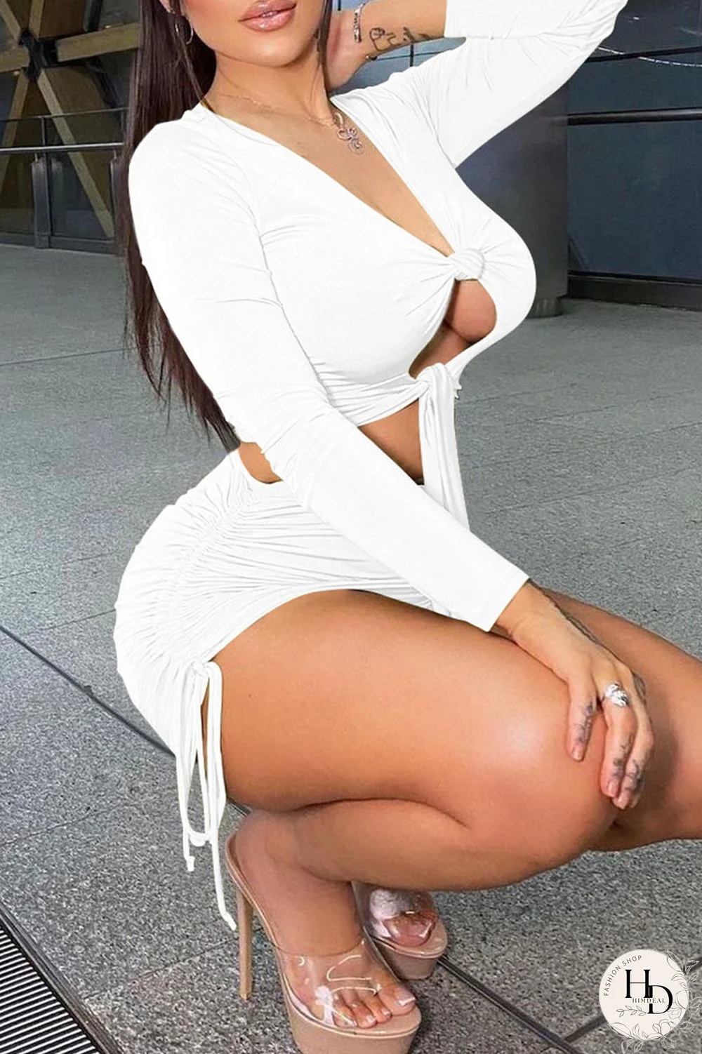 Black Sexy Solid Hollowed Out Split Joint Draw String Fold Knotted V Neck Long Sleeve Two Pieces