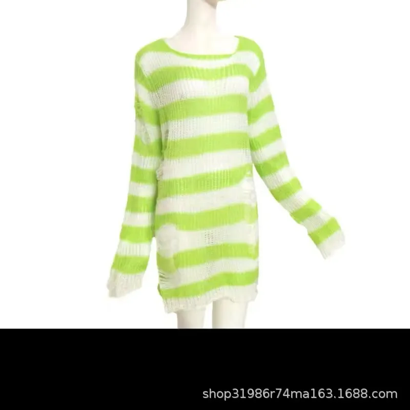 Churchf Churchf Hole Hollow Out In The Long Sweater Female Stripe Loose Color Dark Versatile Knit Niche Punk