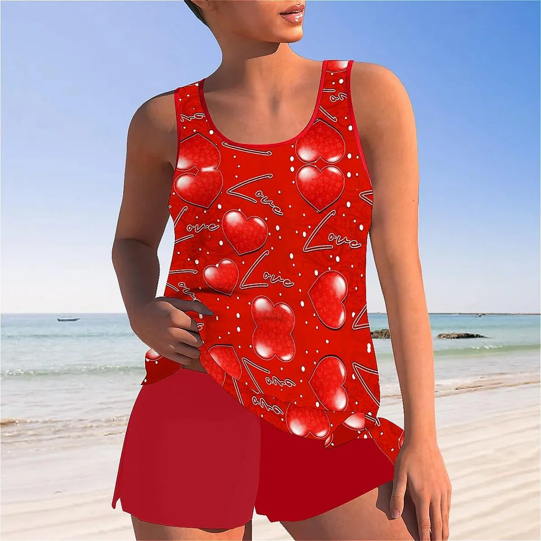 Bowknot Heart,Love,Valentine's Day Mid Waisted Tankini Set - Plus Size Available