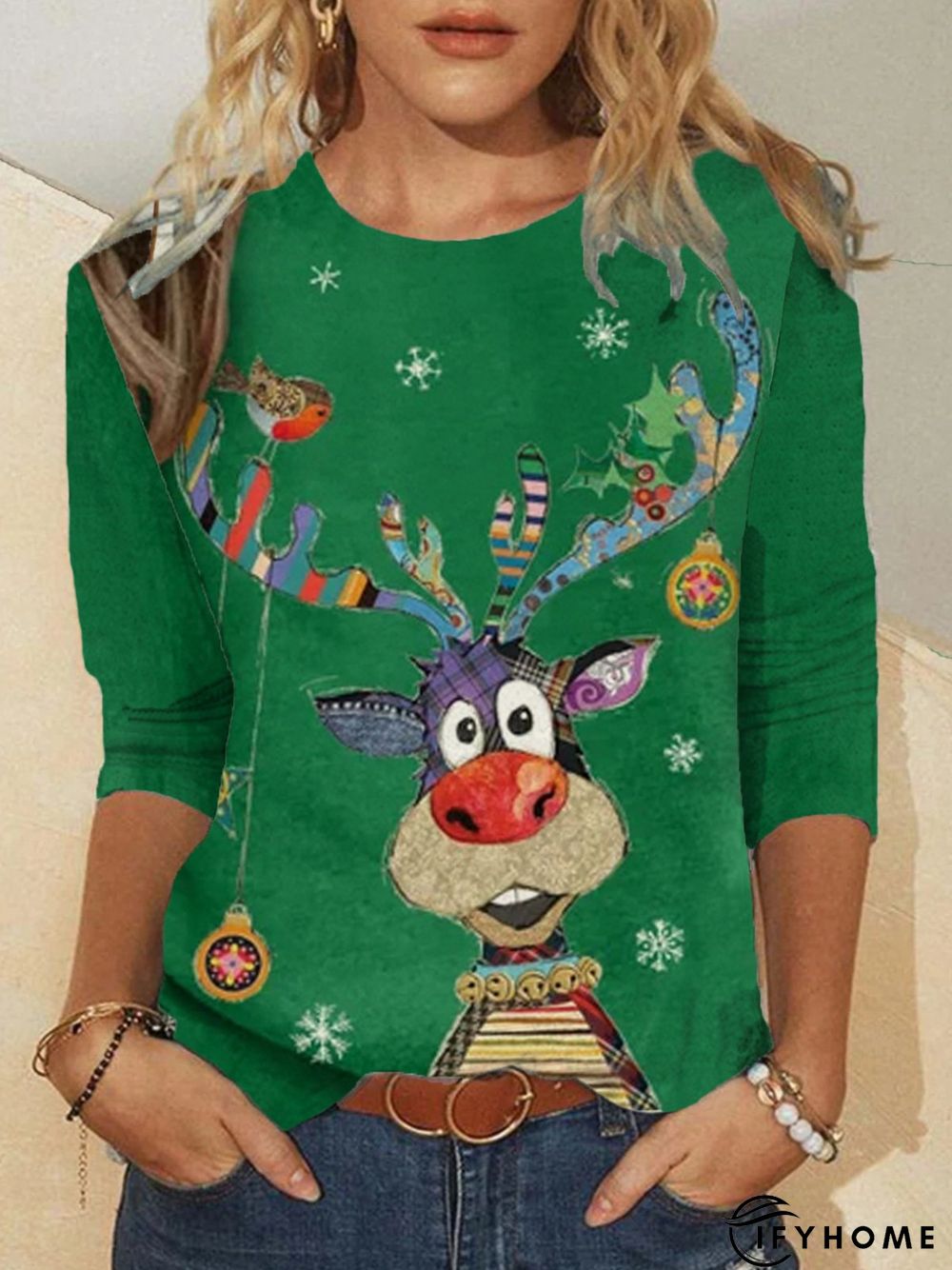 Christmas Xmas Long Sleeve Round Neck Plus Size Printed Top T-shirt | IFYHOME