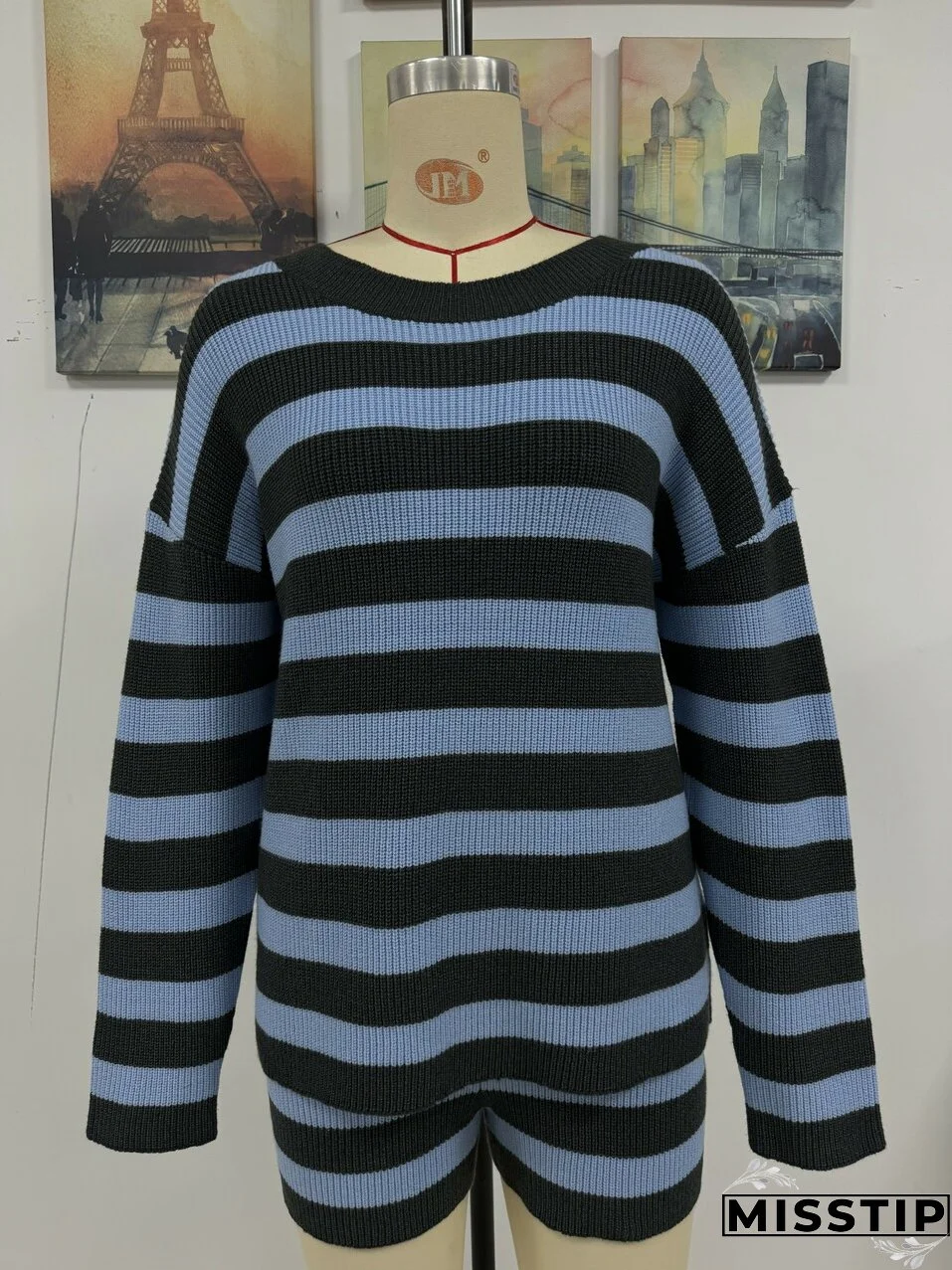 Women Stripe Patchwork Round Neck Casual Knitting Sweater and Shorts Two-piece Set