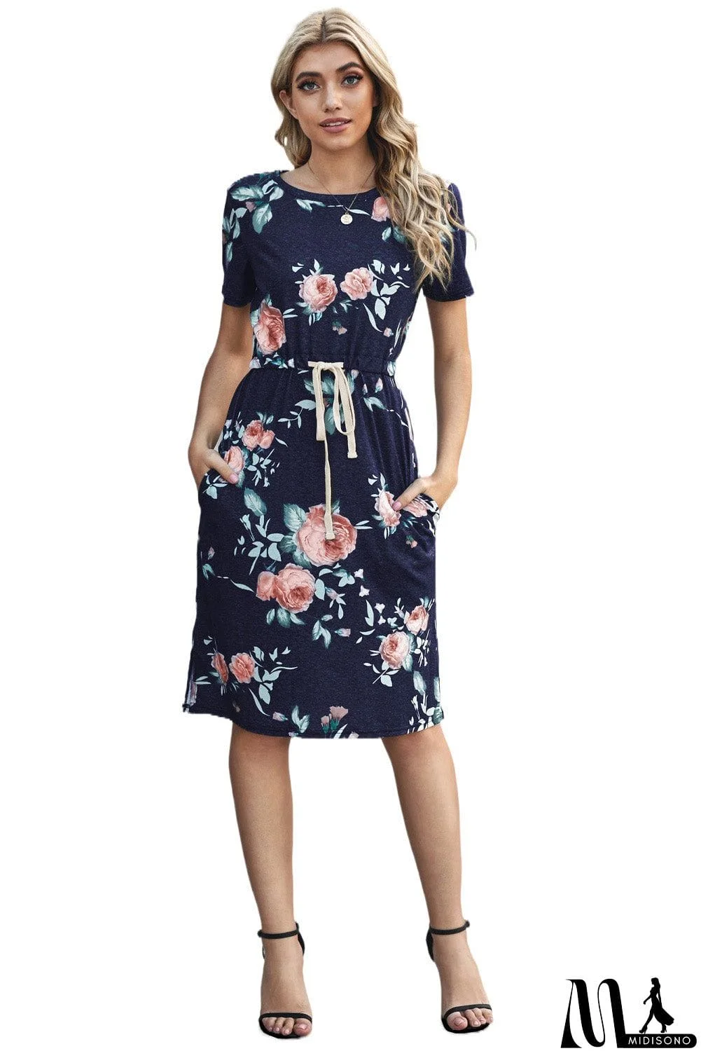MidiSono - Casual Navy Blue Short Sleeve Pocketed Drawstring Midi Floral Dress