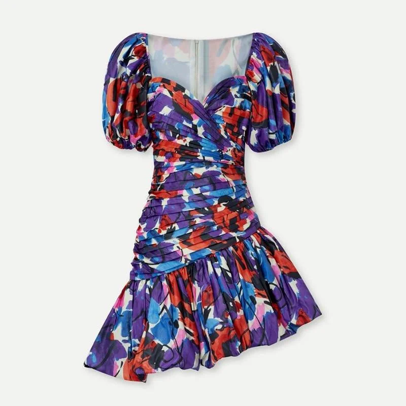 ABEBEY Print Irregular Hit Color Dress For Women V Neck Short Sleeve High Waist Mini Dresses Female Fashion New Clothing