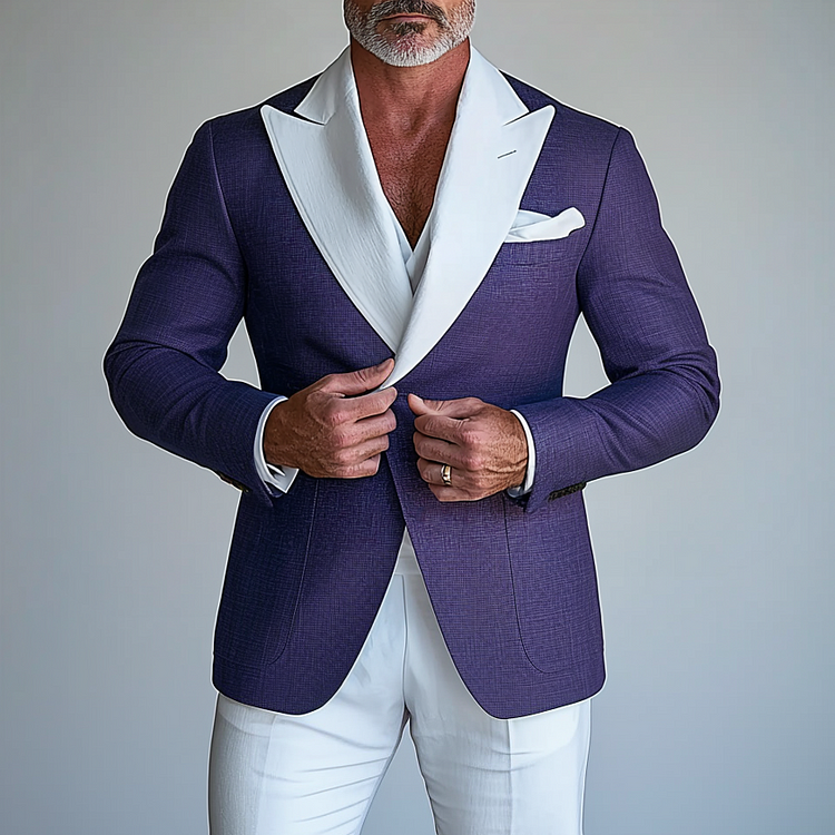 Men's Contrast Peaked Lapel Button Chest Pocket Long Sleeve Blazer