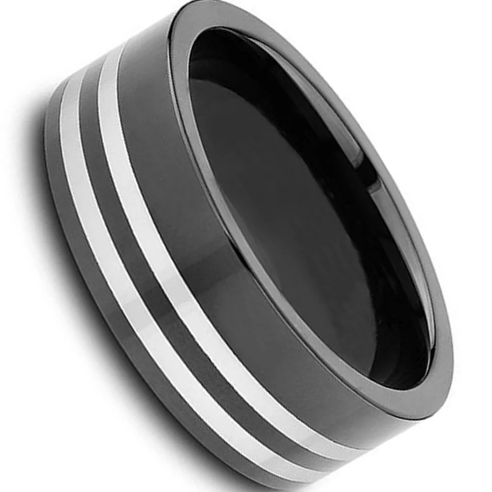 8MM Mens Plated Black Tungsten Rings Silver Stripes