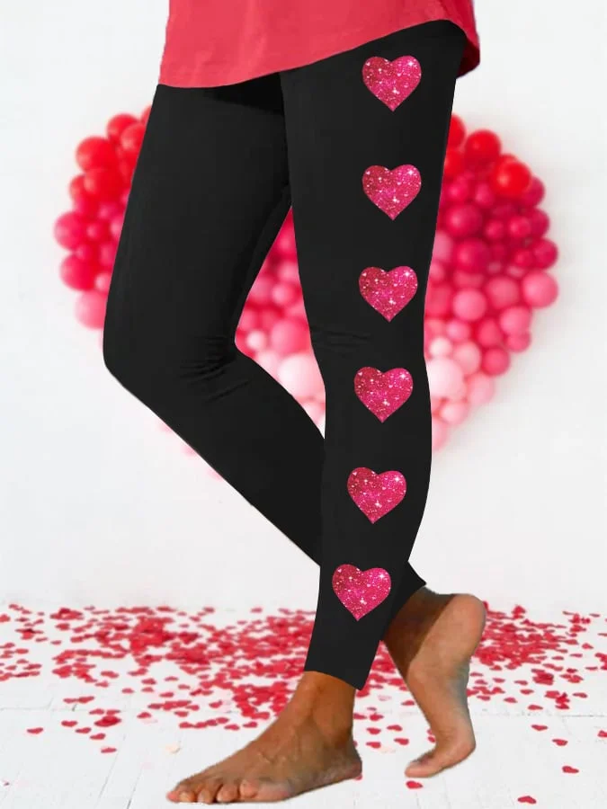 Women's Valentine's Day Glitter Love Heart Print Stretch Leggings socialshop