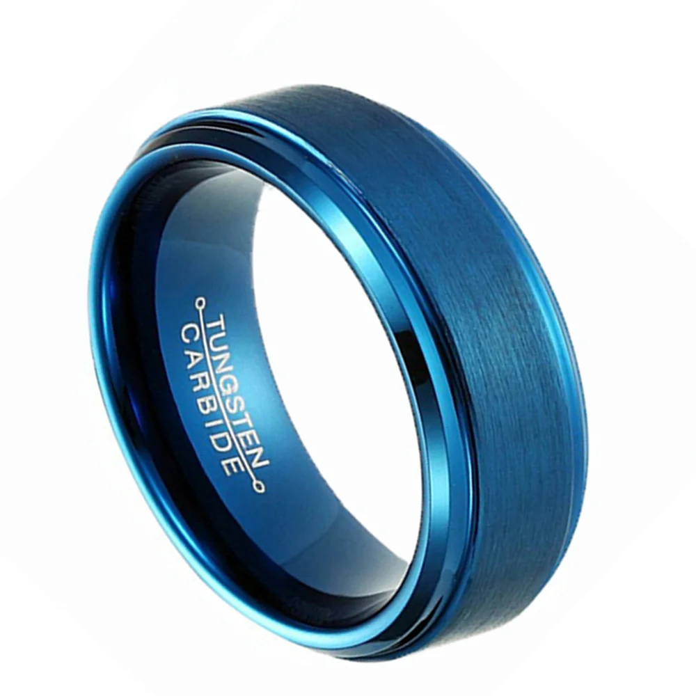 6MM 8MM Mens Tungsten Wedding Bands Blue Plated Step Edge Brushed Surface