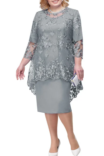 A-Line Dress Floral Crewneck Lace 3/4 Long Sleeve Dress