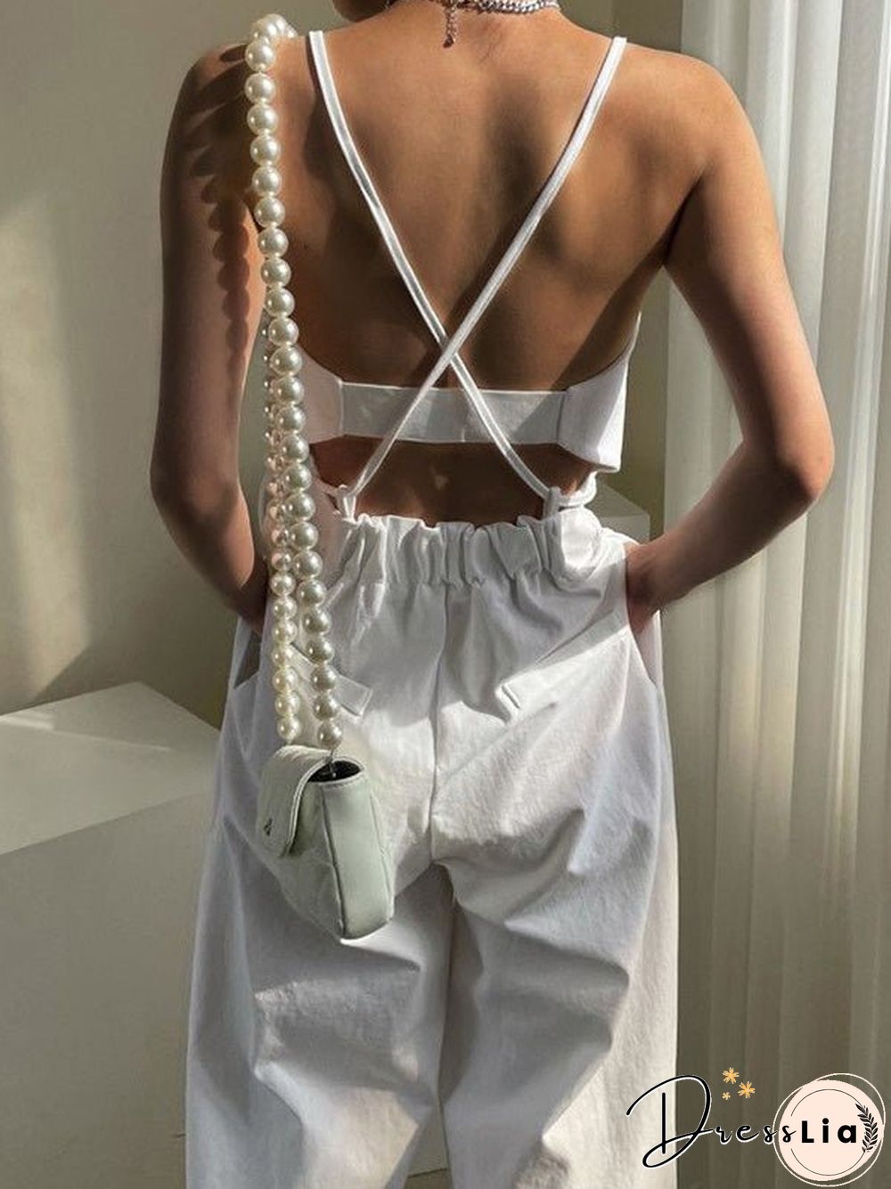 Women'S Jumpsuits Sling Zip Pocket High Waist Wide Leg Jumpsuit