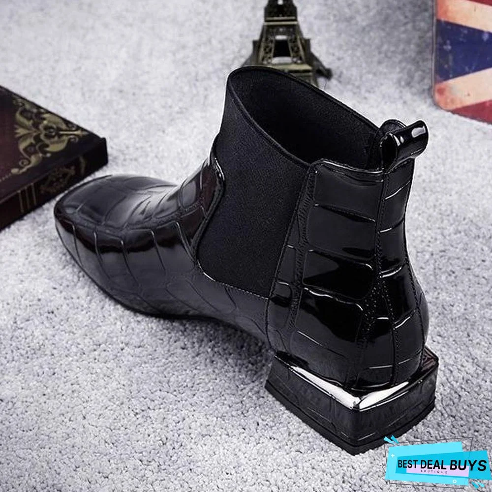 Chic Women Boots Shiny Pu Leather Autumn Winter Shoes Woman Square Toe Block Heels Ankle Boots