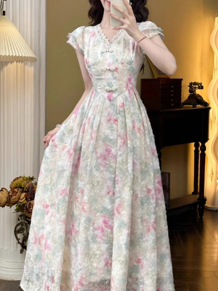 Aiertu Sweet Elegant Long Floral Dress Women Casual Vintage Lace Korean Fairy Dress Female 2024 Summer Beach Luxury Evening Party Dress Aiertu