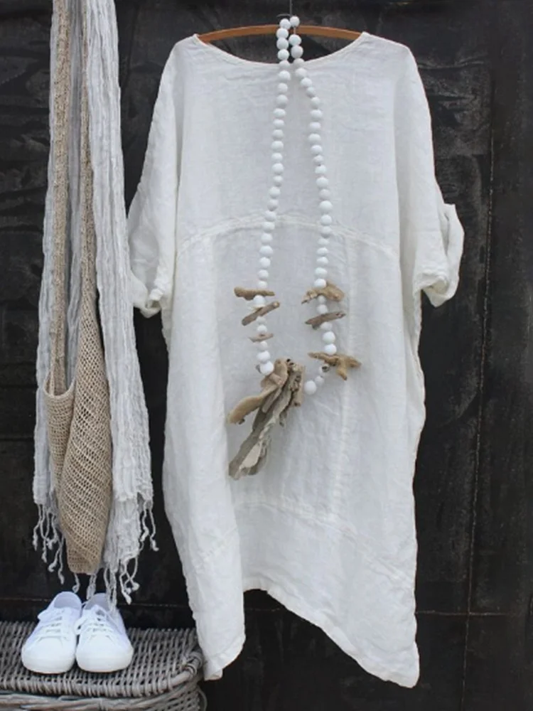 Retro solid color cotton and linen casual dress