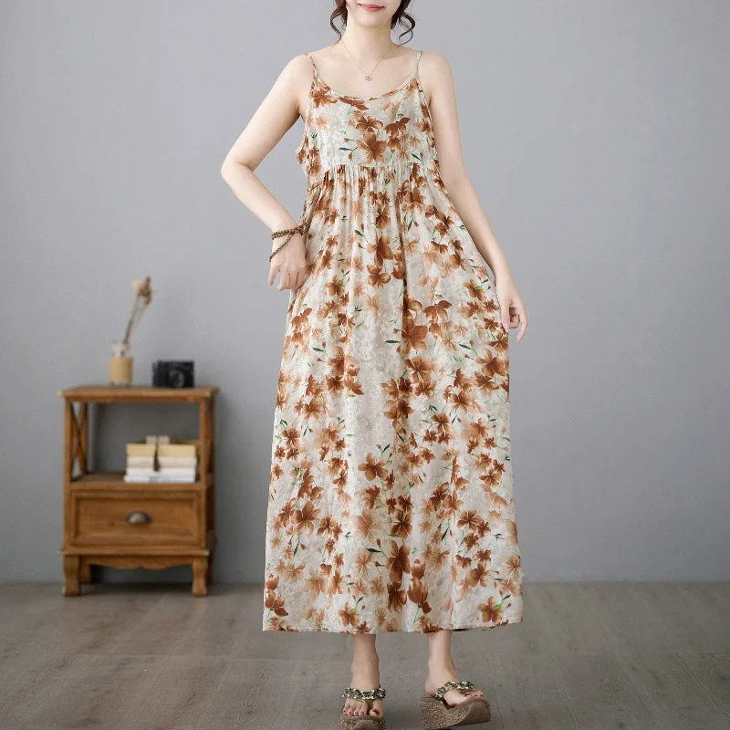 Uveng Uveng Art Cotton Sleeveless Print Sling Dress Girl Sweet Fat MM Loose Thin Swollen Swollen Dress