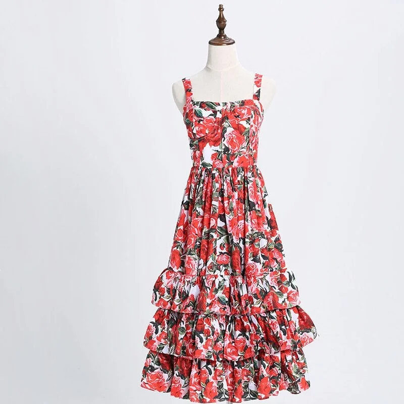 Fashion Designer Runway Ball Gown Dress Summer Women Spaghetti strap Backless Floral Print Cascading Ruffle Beach Dress