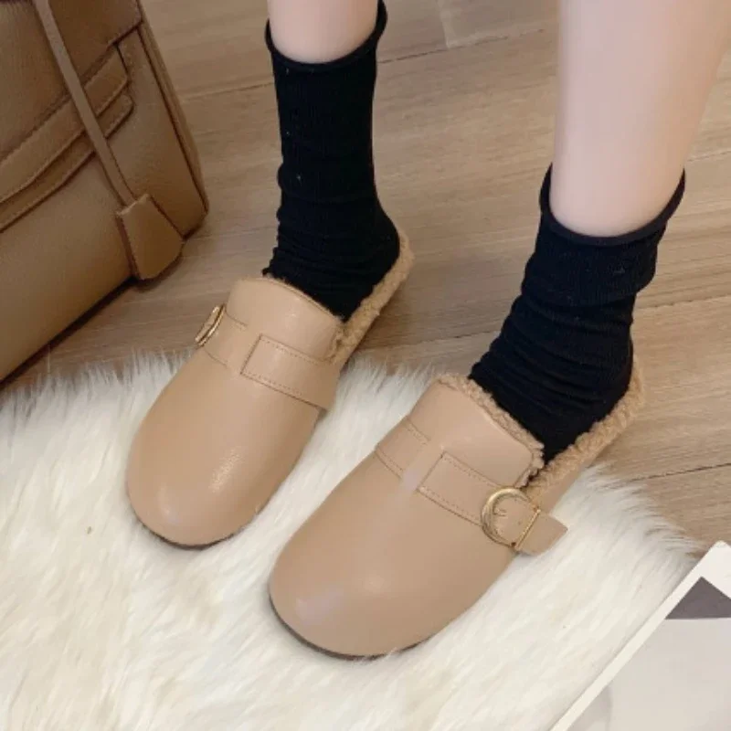 Tarewheels funky womens shoes Warm Mules Slippers Women Plush Thick Comfortable Indoor Solid Leather Cotton Shoes Fashion Belt Buckle Casual Slipper 2025
