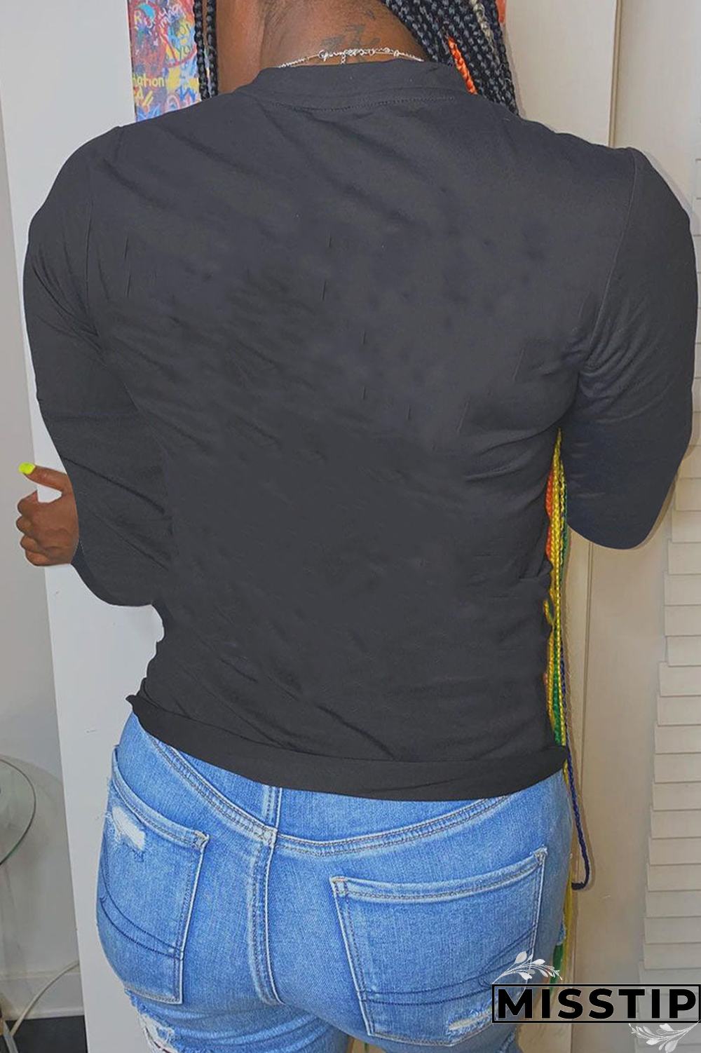 Black Daily Print Letter O Neck Tops