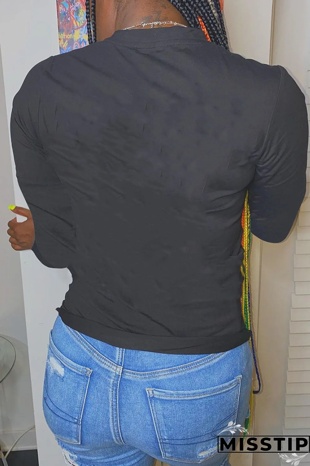 Black Daily Print Letter O Neck Tops