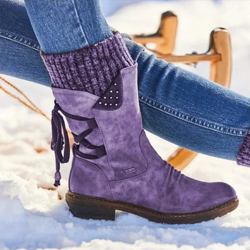Women's Martin Boots Winter 2021 Side Zipper Snow Boots Lace Up Women Shoes Size 43 Knitting Retro Ankle Boots Botas De Mujer