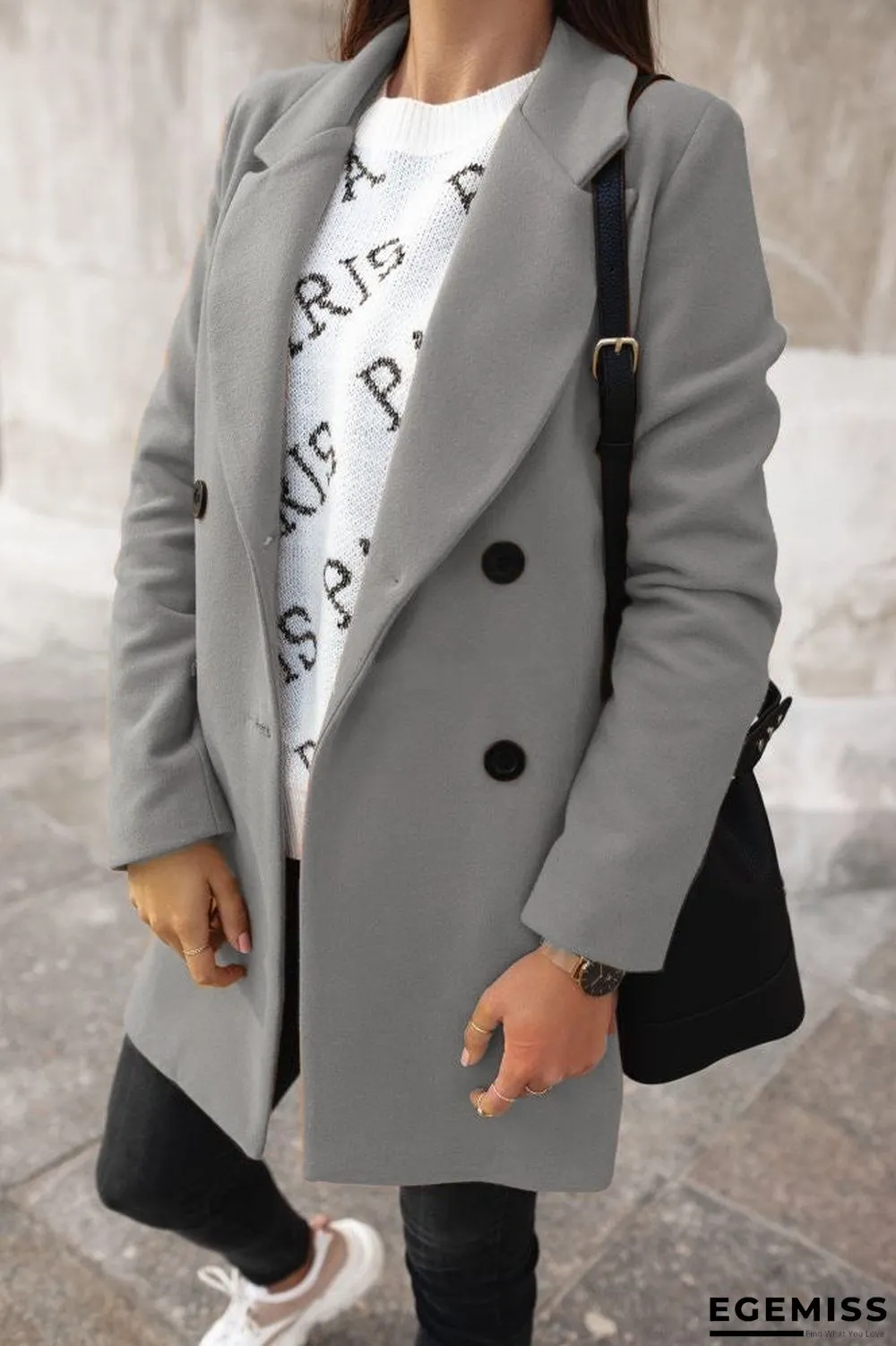 Autumn and Winter Solid Color Long Sleeve Double-row Button Suit Collar Woolen Coat Women | EGEMISS
